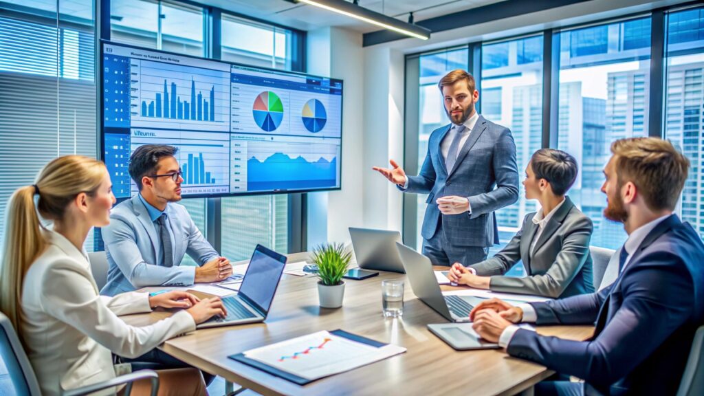 Business people in a meeting room looking at a presentation.