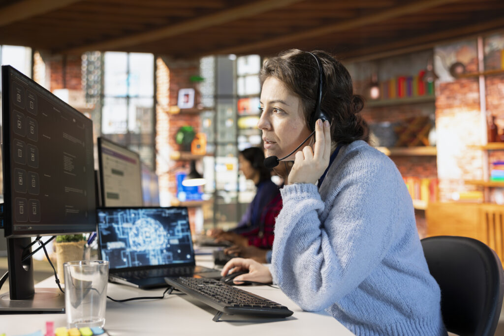 Woman doing customer support job using AI to summarize clients issues